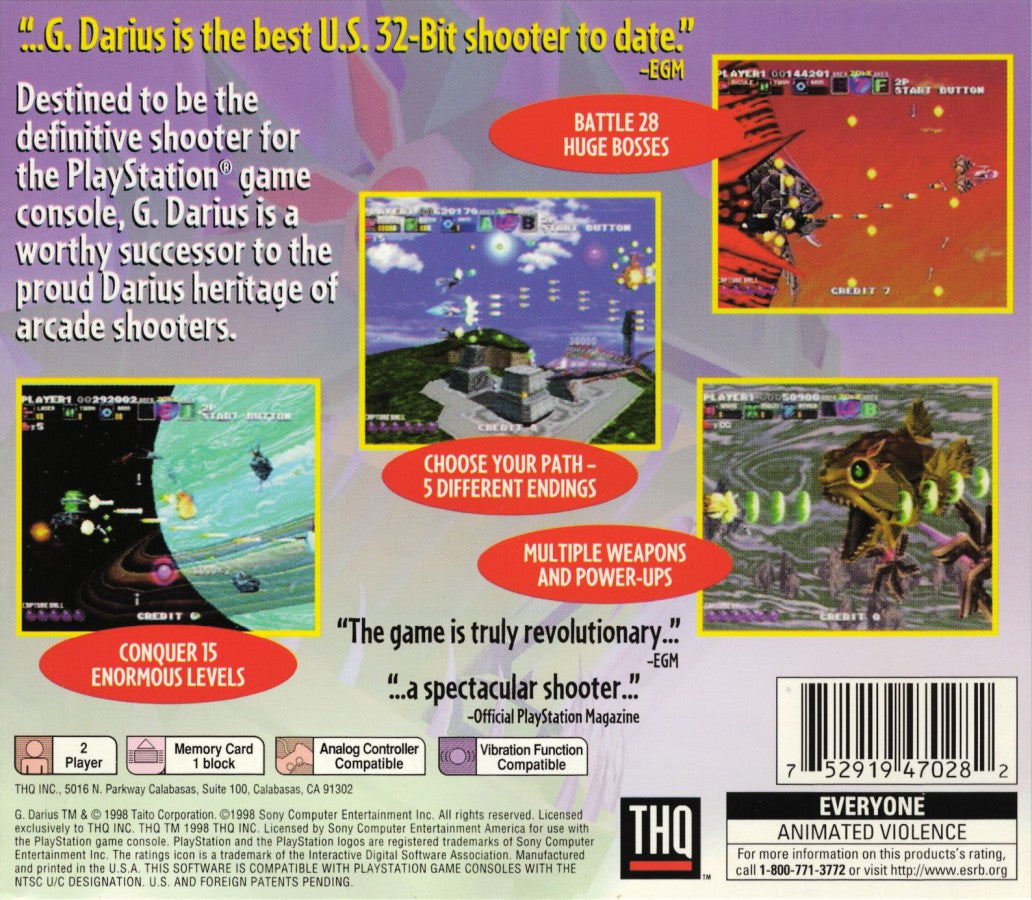 G Darius PlayStation PS1 for shoot em up video game fans featuring side scrolling arcade shooter gameplay intense space battles powerful laser weapons massive boss encounters strategic combat mechanics classic Taito action sci fi adventure challenging levels collectible gaming appeal back cover