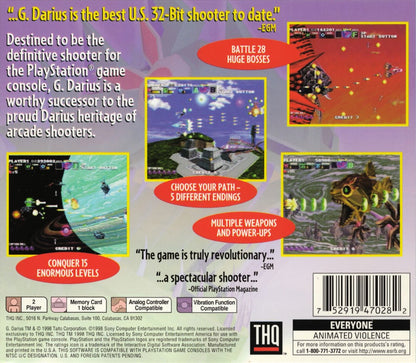 G Darius PlayStation PS1 for shoot em up video game fans featuring side scrolling arcade shooter gameplay intense space battles powerful laser weapons massive boss encounters strategic combat mechanics classic Taito action sci fi adventure challenging levels collectible gaming appeal back cover