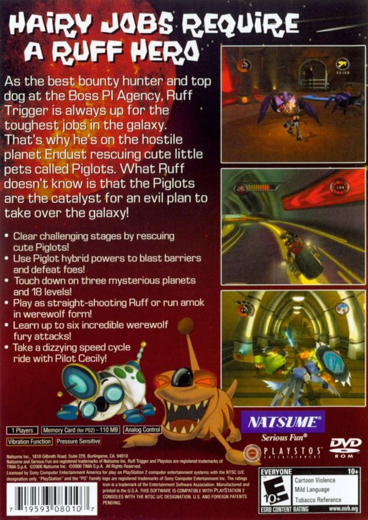 Ruff Trigger The Vanocore Conspiracy PS2 Sony PlayStation 2 action adventure platformer sci fi story anthropomorphic characters third person shooting puzzle solving exploration alien conspiracy gameplay cartoon style retro gaming PlayStation 2 software video game title back cover art