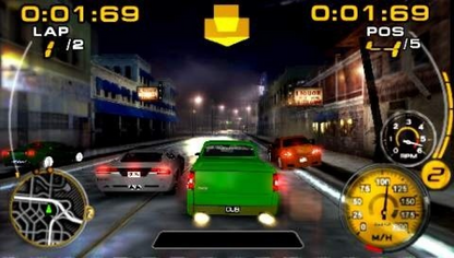 Midnight Club 3 DUB Edition for PlayStation Portable, gameplay for an open-world racing video game with street racing gameplay, car customization, fast-paced driving, and urban environments