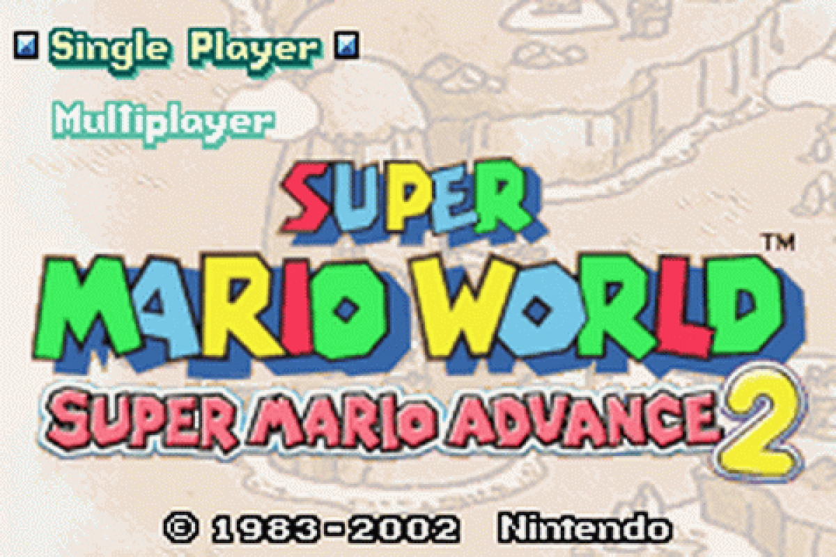 Super Mario Advanced 2: Super Mario World cover art for Game Boy Advance (GBA) video game start menu