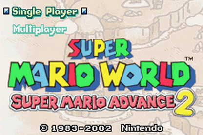 Super Mario Advanced 2: Super Mario World cover art for Game Boy Advance (GBA) video game start menu