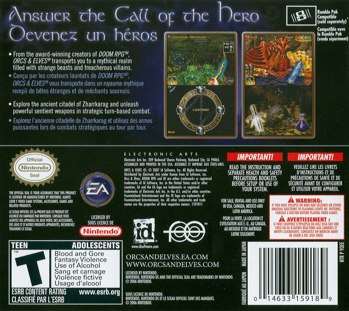 Orcs & Elves game for the Nintendo DS featuring first person dungeon crawling RPG gameplay with turn based combat fantasy environments and story driven quests as a lone hero battling monsters back cover art