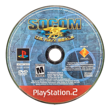 SOCOM: U.S. Navy Seals [Greatest Hits] for PlayStation 2 (PS2) featuring elite tactical squad-based warfare where you lead a four-man team through high-stakes global missions; use stealth, teamwork, and precise strategy to neutralize terrorists in this definitive military shooter that pioneered online play for the PS2 platform disc