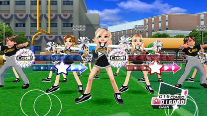 We Cheer Wii inspired design featuring energetic cheerleading rhythm game aesthetic motion controlled routines squad performances colorful competition atmosphere upbeat music gameplay team spirit and athletic choreography nostalgic Nintendo Wii presentation gameplay