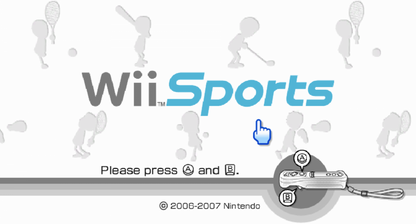 Wii Sports title screen for Nintendo Wii (Wii) featuring motion‑controlled gameplay with tennis, bowling, baseball, golf, and boxing in a fun, family‑friendly sports collection.