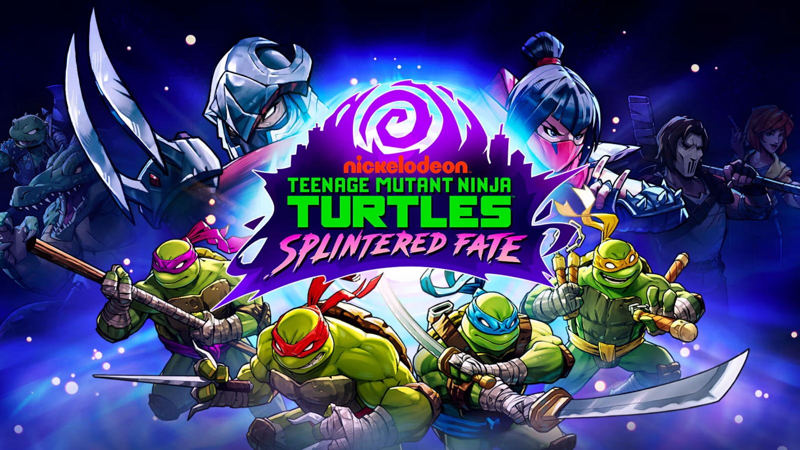 Teenage Mutant Ninja Turtles Splintered Fate Deluxe Edition Nintendo Switch inspired design featuring action roguelike adventure aesthetic cooperative turtle team combat fast paced isometric battles mutant enemies New York City inspired settings elemental abilities and arcade style gameplay presentation title screen