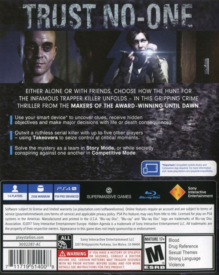 Hidden Agenda – PlayStation 4 (PS4) video game back of case, interactive crime thriller published by Sony Interactive Entertainment