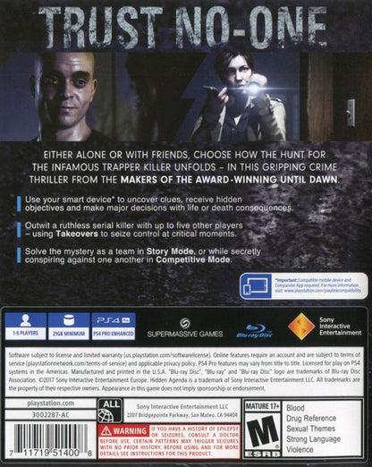 Hidden Agenda – PlayStation 4 (PS4) video game back of case, interactive crime thriller published by Sony Interactive Entertainment