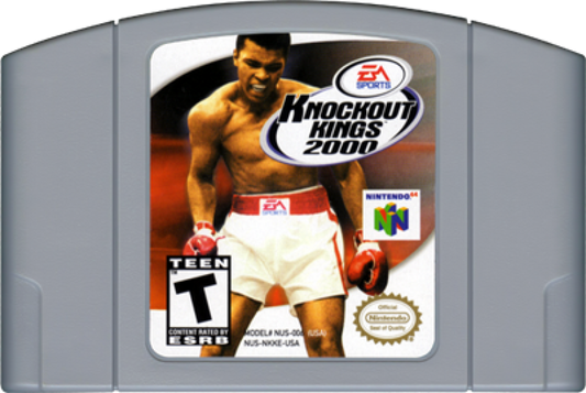 Knockout Kings 2000 game for the Nintendo 64 featuring boxing simulation gameplay with licensed fighters career mode training systems and realistic boxing matches including exhibition and championship bouts in a complete in box retail release format cartridge