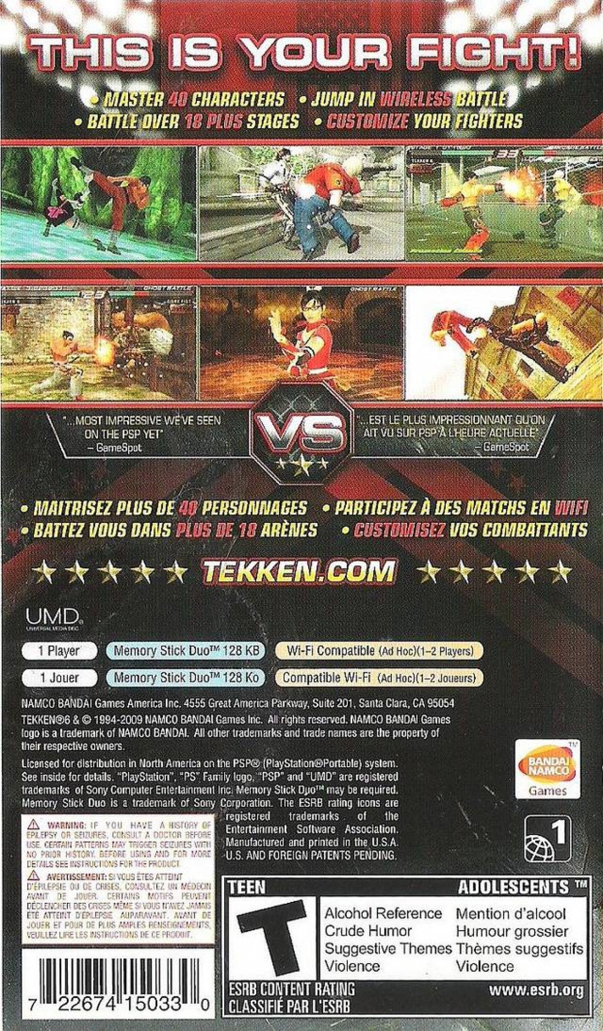Tekken 6 back of case for PlayStation Portable (PSP) 3D fighting game