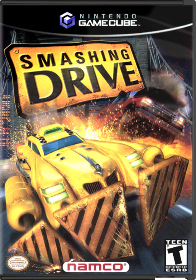 Smashing Drive cover art for GameCube game featuring high-speed arcade racing action and destructive city driving gameplay