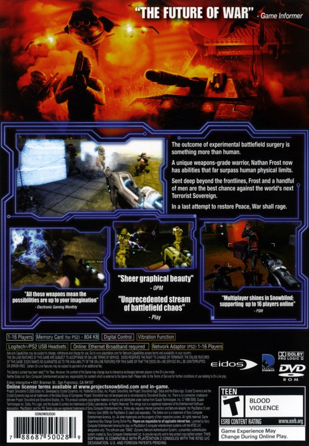 Project Snowblind PS2 PlayStation 2 first person shooter sci fi action game cybernetic combat futuristic warfare stealth and gunplay retro video game back of case