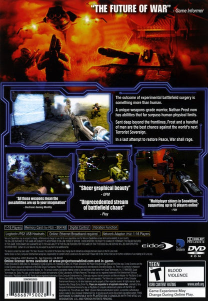Project Snowblind PS2 PlayStation 2 first person shooter sci fi action game cybernetic combat futuristic warfare stealth and gunplay retro video game back of case