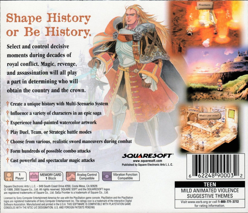 SaGa Frontier 2 PS1 PlayStation 1 JRPG role playing game Square Enix watercolor art style fantasy adventure turn based combat retro video game back of case