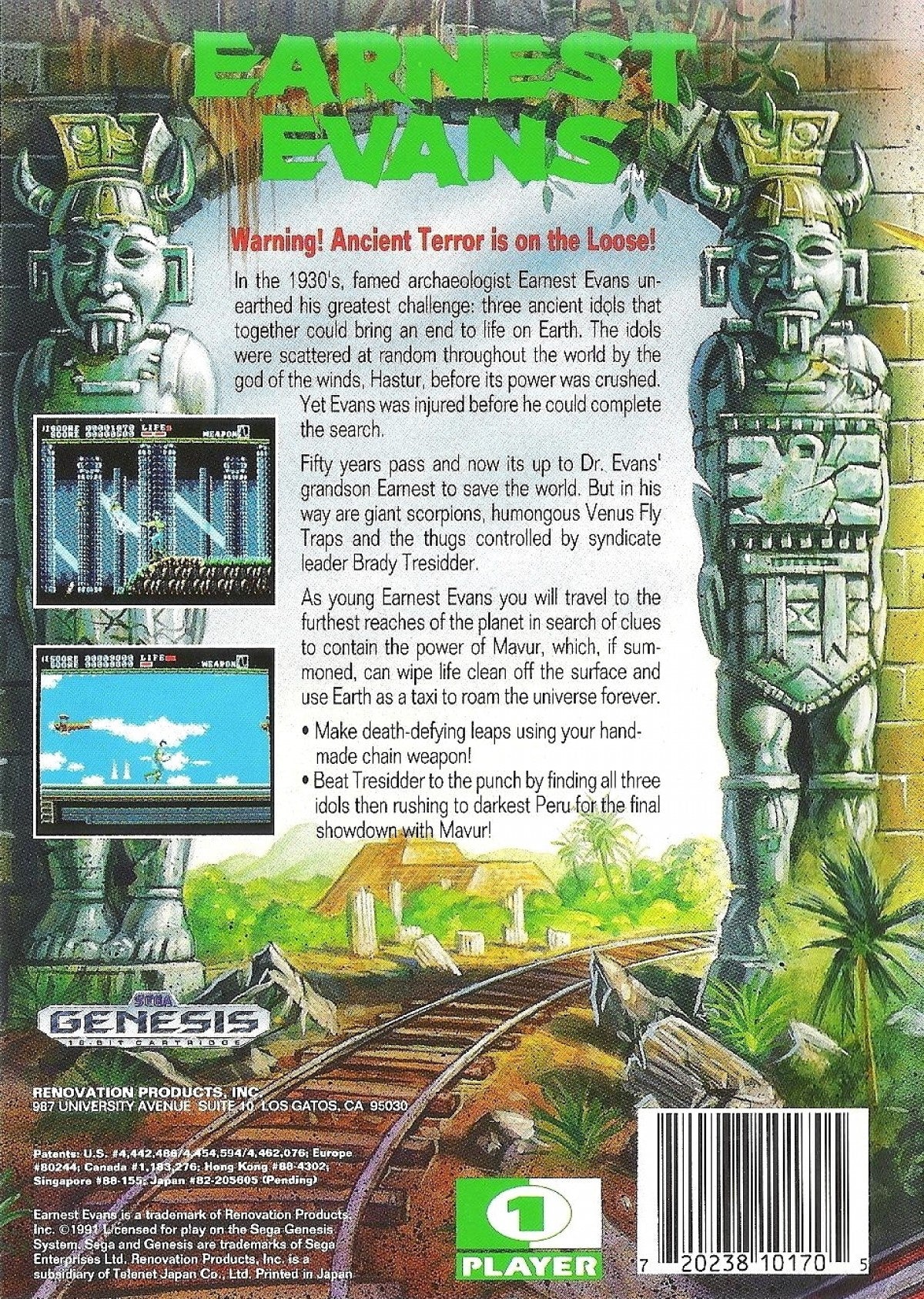 Earnest Evans Sega Genesis GEN for retro video game enthusiasts featuring action platforming gameplay treasure hunting adventure whip based combat ancient ruins exploration dynamic character movement fantasy challenges and collectible gaming appeal back art