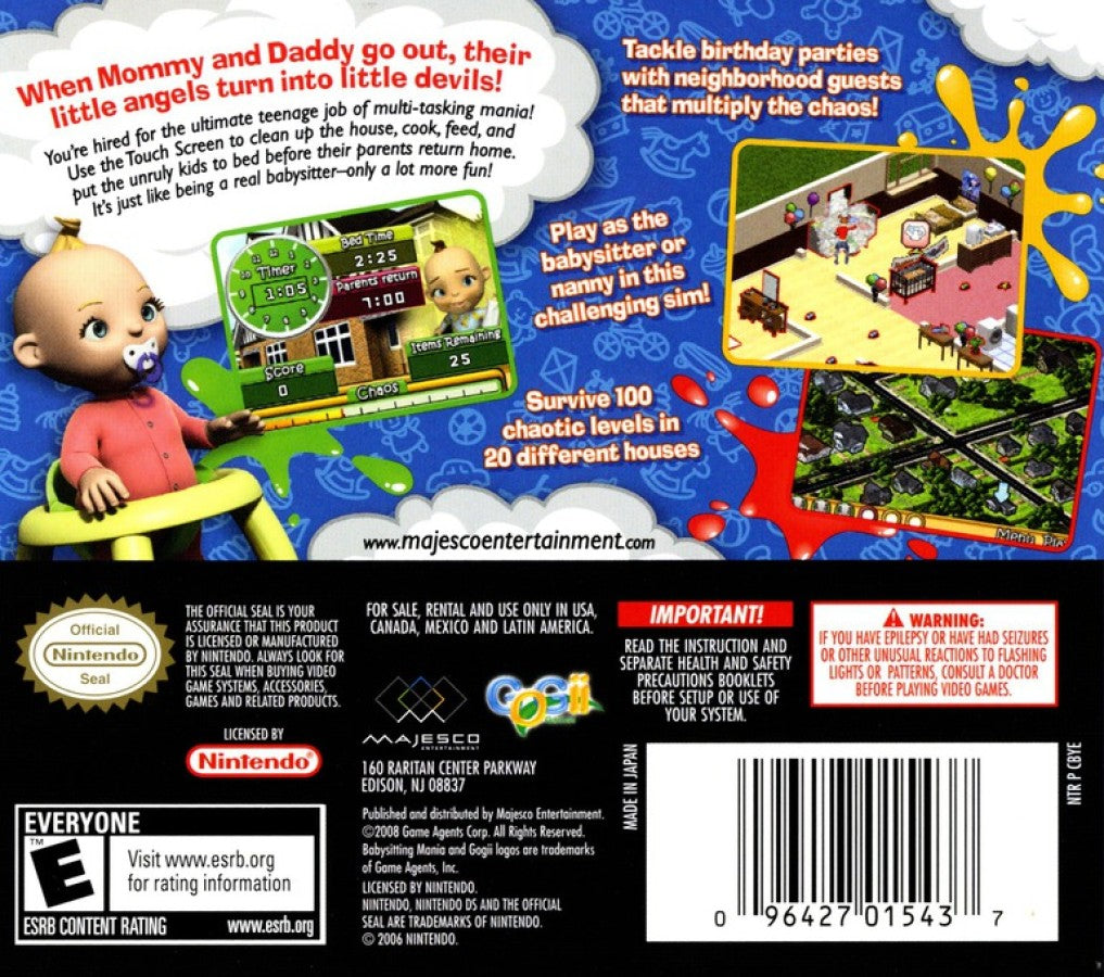 Babysitting Mania Nintendo DS DS video game featuring family simulation gameplay babysitting challenges childcare responsibilities multiple children character interactions feeding babies changing diapers preparing meals playtime activities cleaning tasks household management time management mini games and colorful family friendly environments classic Nintendo DS handheld simulation gaming retro video game collection collectible gaming appeal back cover art