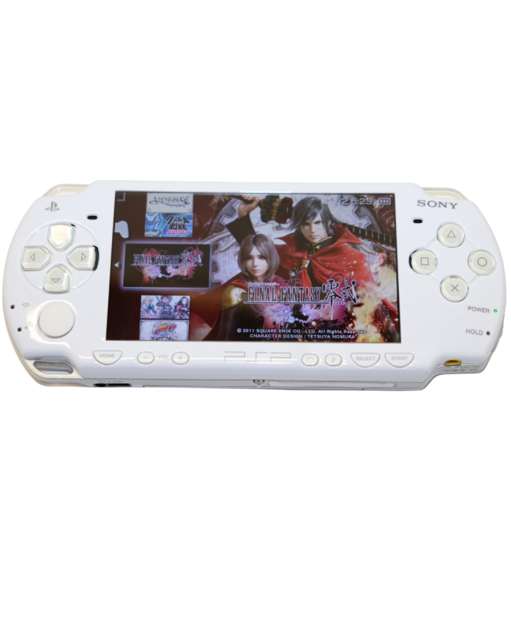 PSP 2000 White Sony PlayStation Portable Slim & Lite handheld gaming console white ceramic finish model PSP-2000 improved screen brightness lighter design UMD disc portable gaming system PSP hardware retro gaming device front 