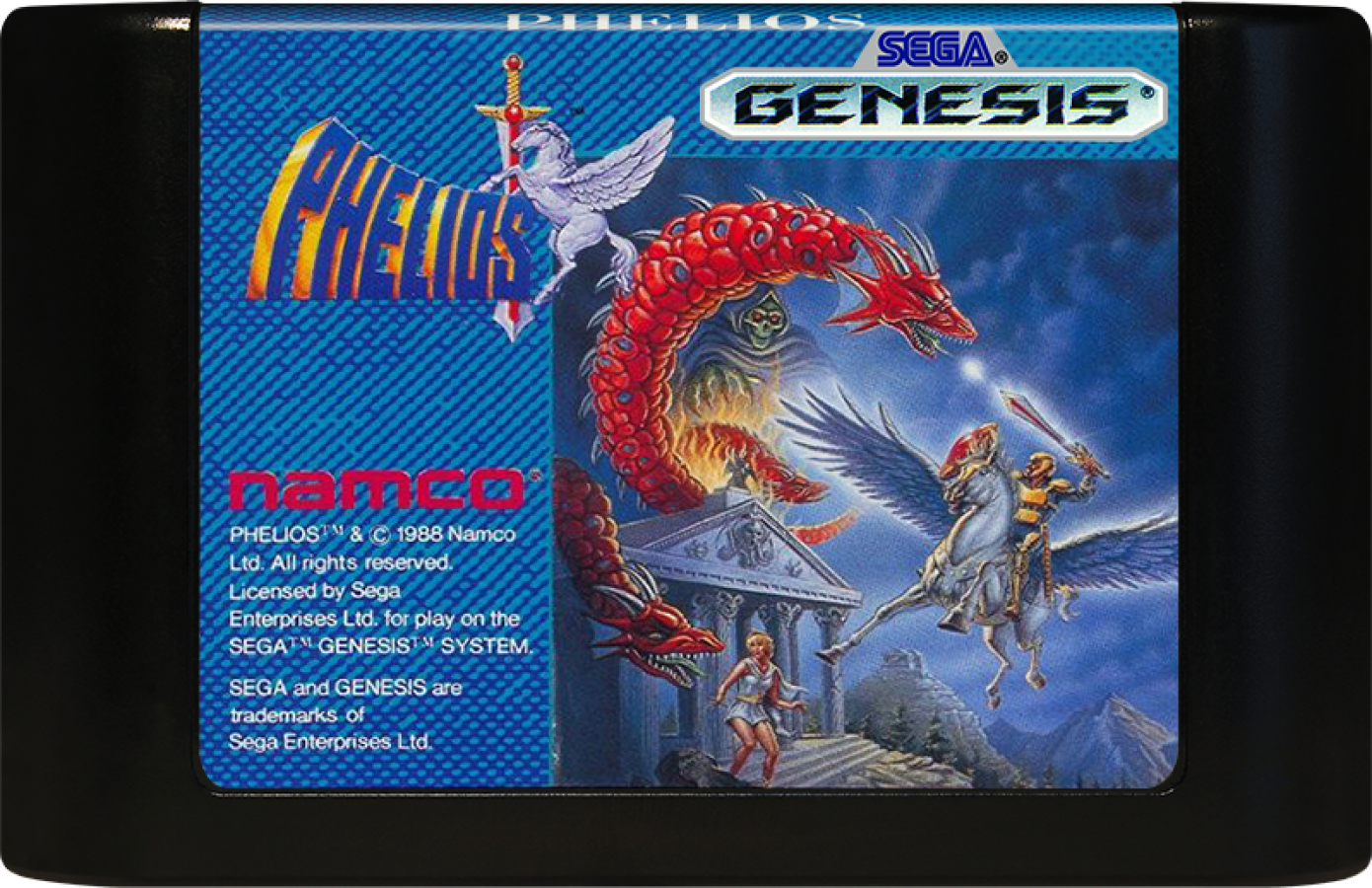 Phelios Sega Genesis vertical shoot-em-up Greek mythology theme Apollo arrows ascending temple stages mythological beasts and gods cartridge art