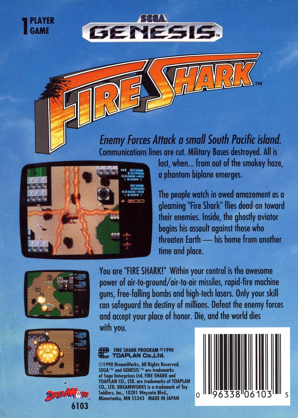Fire Shark Sega Genesis GEN for retro video game enthusiasts featuring classic vertical scrolling shoot em up gameplay aerial combat powerful weapon upgrades intense enemy waves challenging boss battles arcade style action and collectible gaming appeal back art