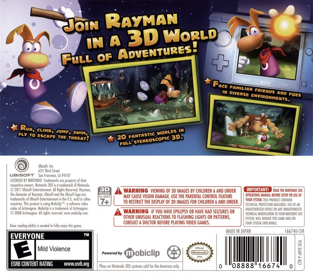 Rayman 3D Nintendo 3DS 3DS for retro video game enthusiasts featuring 3D platforming gameplay colorful worlds adventurous exploration creative abilities challenging enemies puzzle solving classic Rayman action and collectible gaming appeal back cover art