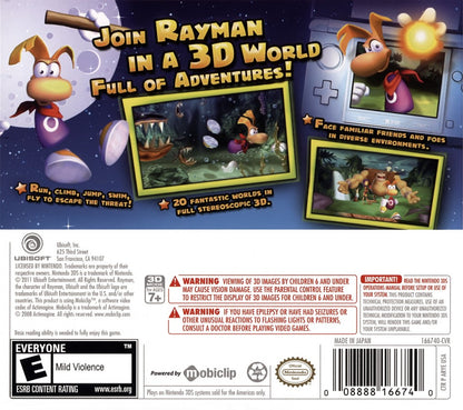 Rayman 3D Nintendo 3DS 3DS for retro video game enthusiasts featuring 3D platforming gameplay colorful worlds adventurous exploration creative abilities challenging enemies puzzle solving classic Rayman action and collectible gaming appeal back cover art
