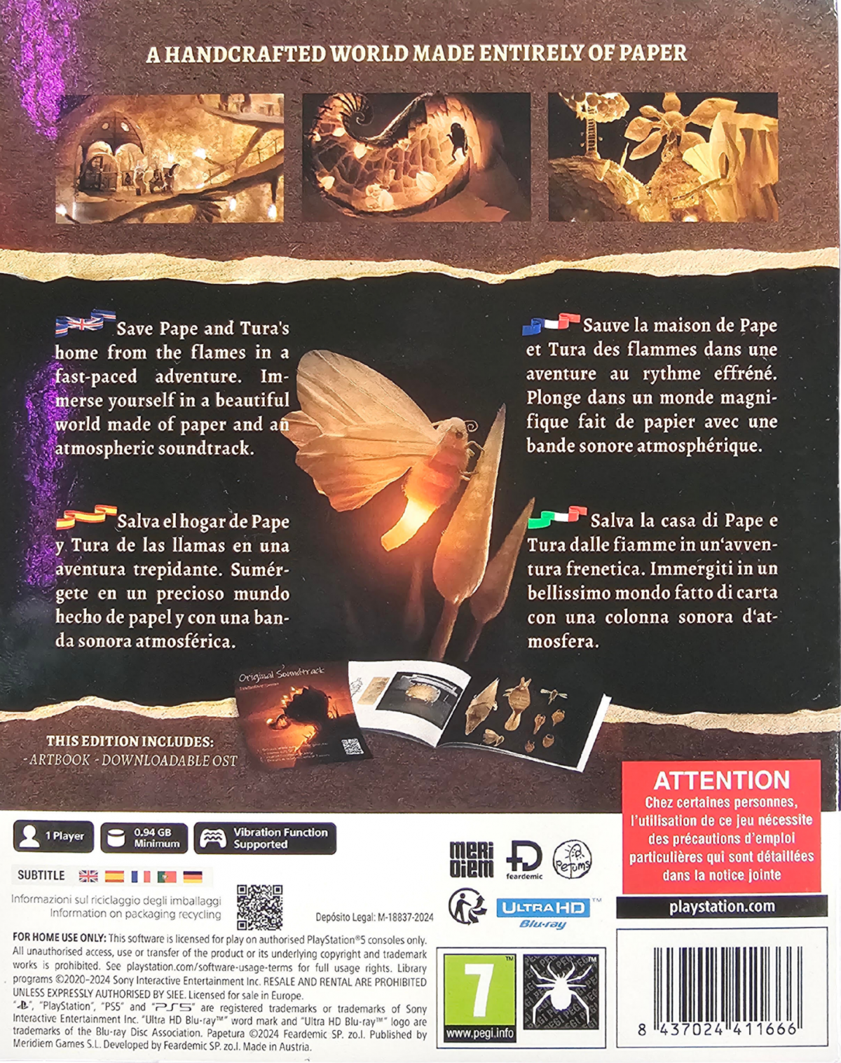Papetura Craft Edition PAL PlayStation 5 PS5 for atmospheric puzzle adventure video game fans featuring handcrafted paper art environments surreal exploration puzzle solving unique characters dreamlike visuals stop motion inspired animation mysterious storytelling and immersive artistic gameplay collectible gaming appeal back cover art