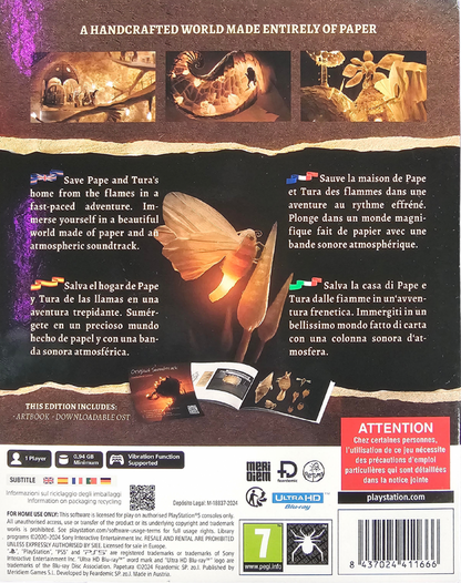 Papetura Craft Edition PAL PlayStation 5 PS5 for atmospheric puzzle adventure video game fans featuring handcrafted paper art environments surreal exploration puzzle solving unique characters dreamlike visuals stop motion inspired animation mysterious storytelling and immersive artistic gameplay collectible gaming appeal back cover art