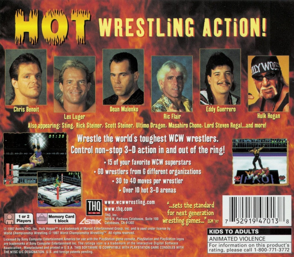 WCW vs the World back cover art for PlayStation 1 (PS1) wrestling video game.