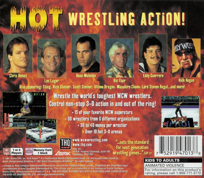 WCW vs the World back cover art for PlayStation 1 (PS1) wrestling video game.