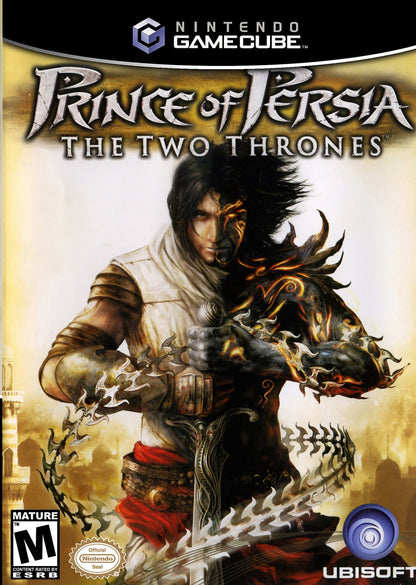 Prince of Persia The Two Thrones Nintendo GameCube game featuring action adventure gameplay with dual wield combat stealth mechanics acrobatic platforming and a story following the Prince as he battles his dark alter ego in a war torn Babylon front cover