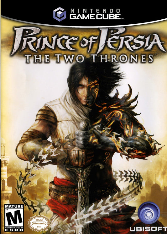 Prince of Persia The Two Thrones Nintendo GameCube game featuring action adventure gameplay with dual wield combat stealth mechanics acrobatic platforming and a story following the Prince as he battles his dark alter ego in a war torn Babylon front cover
