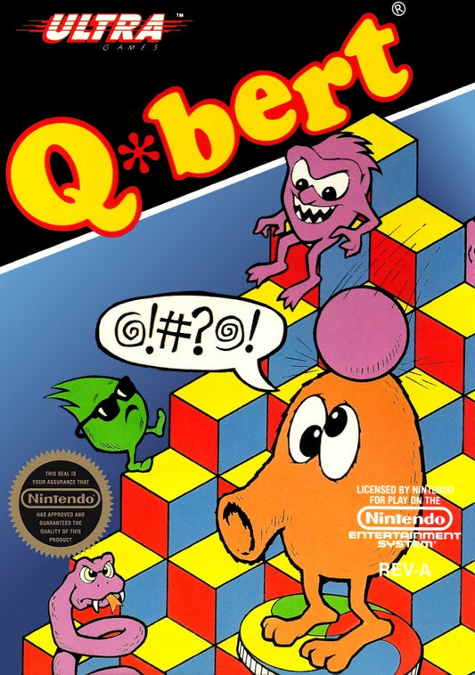 Q*bert cartridge for the Nintendo Entertainment System featuring 8 bit arcade puzzle action with isometric hopping gameplay changing cube colors while avoiding enemies and obstacles front cover