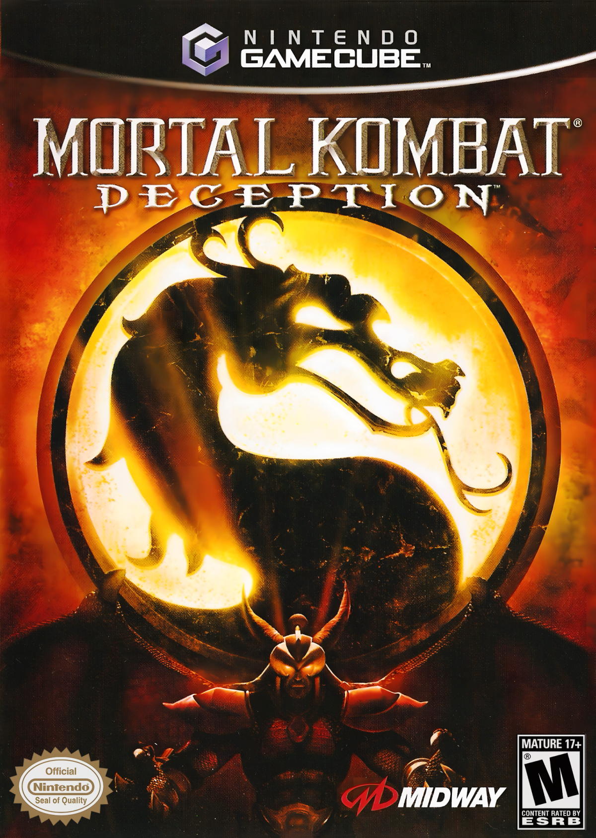 Mortal Kombat: Deception for Nintendo GameCube (GC) at Gamers INC, featuring the brutal and deep installment of the legendary fighting series that introduces the massive "Konquest" open-world RPG mode and innovative "Chess Kombat" and "Puzzle Kombat" mini-games, alongside a massive roster of warriors—including GameCube exclusive playable characters Goro and Shao Kahn—for the ultimate fatalities and weapon-based combat experience front cover