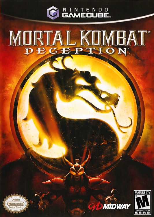 Mortal Kombat: Deception for Nintendo GameCube (GC) at Gamers INC, featuring the brutal and deep installment of the legendary fighting series that introduces the massive "Konquest" open-world RPG mode and innovative "Chess Kombat" and "Puzzle Kombat" mini-games, alongside a massive roster of warriors—including GameCube exclusive playable characters Goro and Shao Kahn—for the ultimate fatalities and weapon-based combat experience front cover