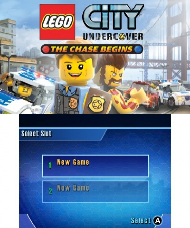 LEGO City Undercover: The Chase Begins start screen for Nintendo 3DS (3DS) action adventure video game