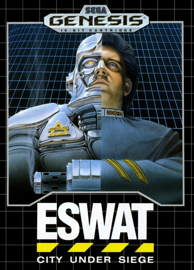 ESWAT City Under Siege Sega Genesis GEN for retro video game enthusiasts featuring side scrolling action platforming gameplay futuristic law enforcement missions cybernetic armor upgrades intense shooting combat sci fi adventure and collectible gaming appeal cover art  
