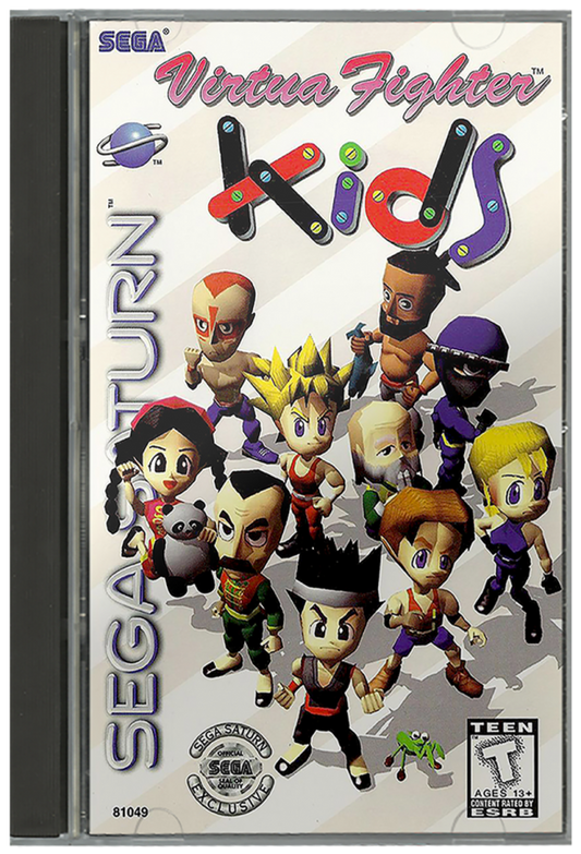 Virtua Fighter Kids Sega Saturn 3D fighting game super deformed chibi versions of Virtua Fighter characters arcade combat simplified mechanics Sega AM2 versus battles retro gaming Sega Saturn software video game title cover art