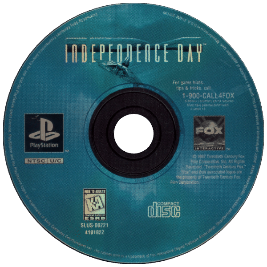 Independence Day PlayStation 1 PS1 third-person action flight combat video game based on the 1996 film alien invasion scenario aircraft dogfighting missions piloting F/A-18 Hornet AV-8B Harrier disc ar