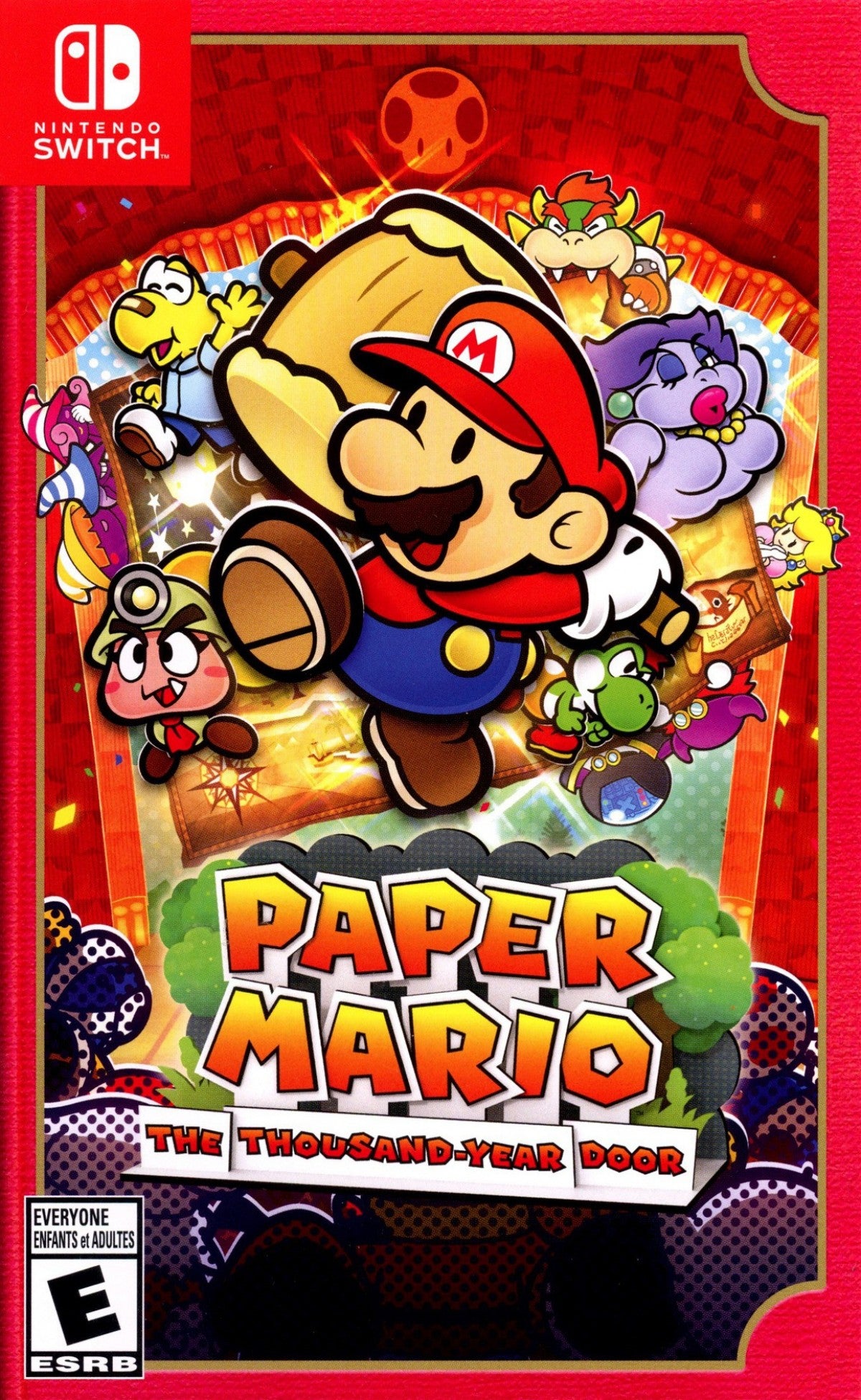 Paper Mario The Thousand-Year Door Nintendo Switch game featuring turn-based RPG combat, charming storybook visuals, and classic Mario adventure cover art