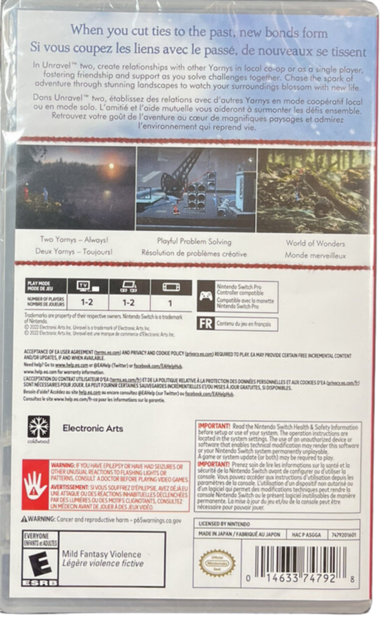 Unravel Two Nintendo Switch inspired design featuring heartwarming puzzle platform adventure aesthetic cooperative gameplay charming yarn characters beautiful natural environments creative physics challenges emotional storytelling and exploration presentation back cover