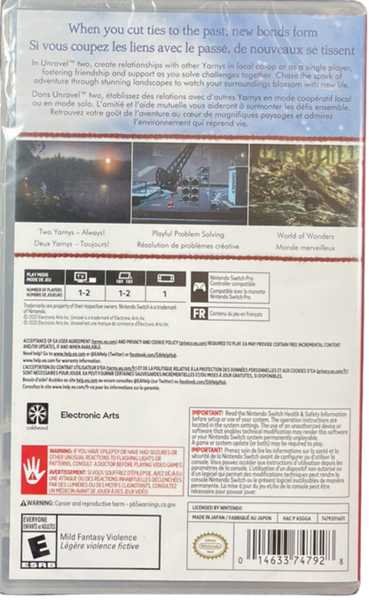Unravel Two Nintendo Switch inspired design featuring heartwarming puzzle platform adventure aesthetic cooperative gameplay charming yarn characters beautiful natural environments creative physics challenges emotional storytelling and exploration presentation back cover