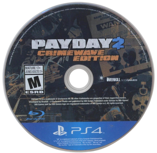 Payday 2: Crimewave – PlayStation 4 (PS4) video game disc, cooperative first-person shooter