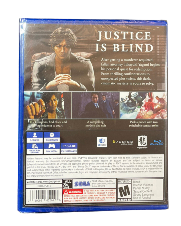 Judgment for PlayStation 4 action adventure detective game set in Kamurocho featuring crime investigation brawler combat side cases open world gameplay back cover