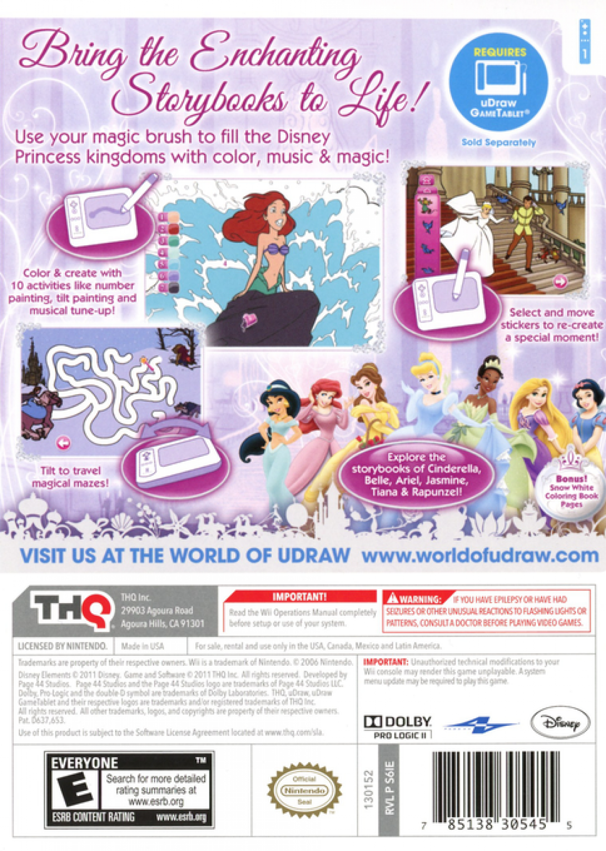uDraw: Disney Princess: Enchanting Storybooks back cover art for Nintendo Wii (Wii) featuring interactive art and storytelling with Disney Princess adventures.