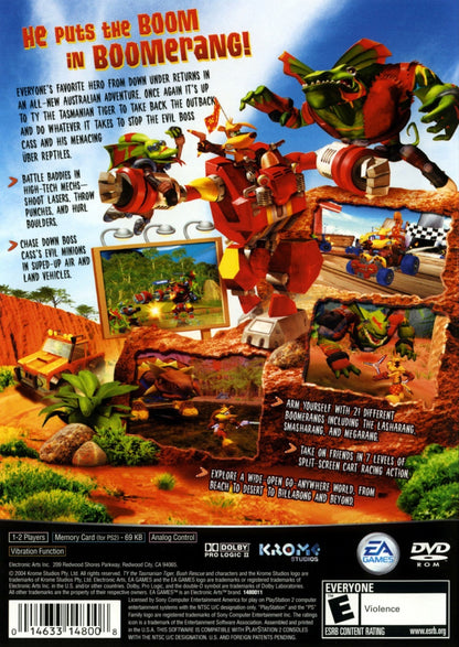 Ty the Tasmanian Tiger 2 Bush Rescue for PlayStation 2 action platformer video game featuring open hub worlds boomerang based combat Australian themed environments and classic cartoon style adventure experience back cover