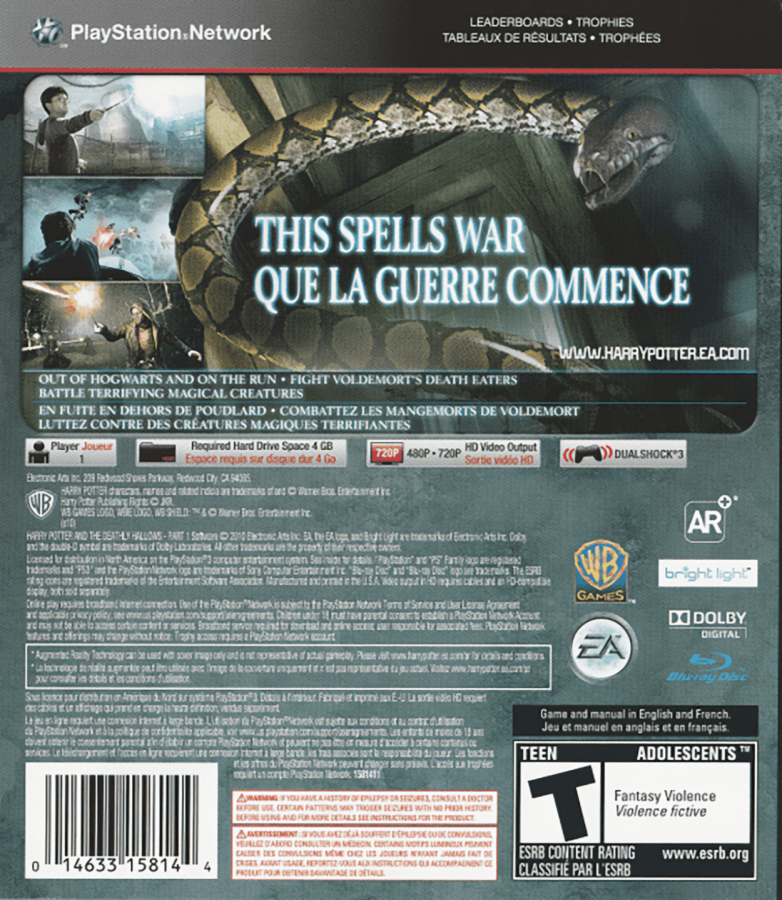 Harry Potter and the Deathly Hallows: Part 1 – PlayStation 3 (PS3) back cover art for video game for PS3