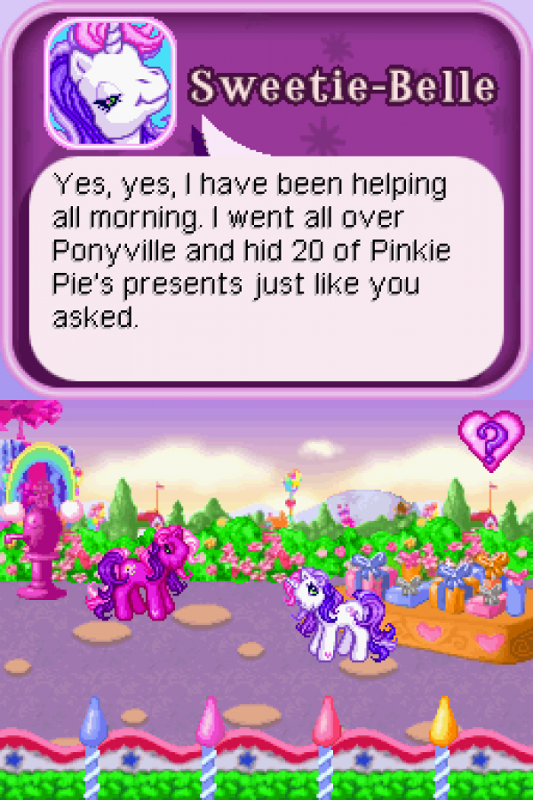 My Little Pony Pinkie Pie’s Party for Nintendo DS, gameplay for a party mini-game video game with friendship activities, puzzle challenges, character-based gameplay, and family-friendly fun