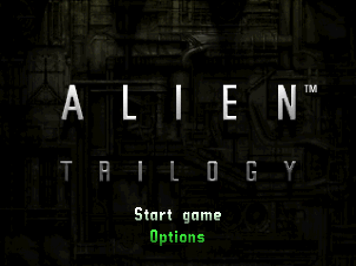 Alien Trilogy Greatest Hits PlayStation 1 PS1 for first person shooter and survival horror video game fans featuring Xenomorph aliens dark atmospheric environments intense combat weapons exploration challenging missions and classic sci fi horror gameplay collectible retro Sony PlayStation gaming appeal start screen