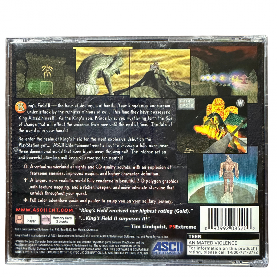 King's Field II PlayStation PS1 for action role playing video game fans featuring first person dungeon exploration dark fantasy environments sword and magic combat challenging enemies character progression mysterious quests atmospheric gameplay and immersive fantasy adventure collectible retro PlayStation gaming appeal back cover art